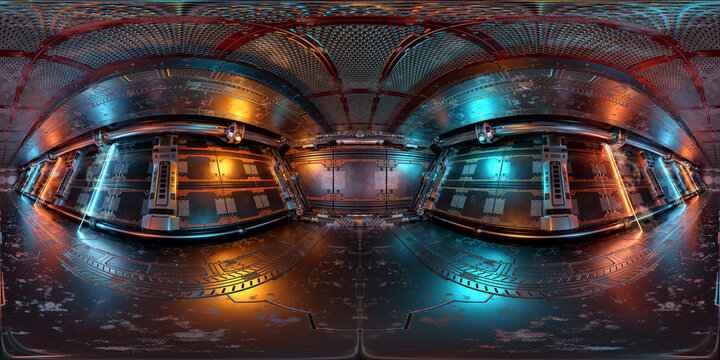 HDRI panoramic view of dark blue orange spaceship interior. High resolution 360 degrees panorama reflection mapping of a futuristic spacecraft 3D rendering