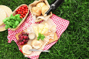 Picnic blanket with wine and food on green grass, top view