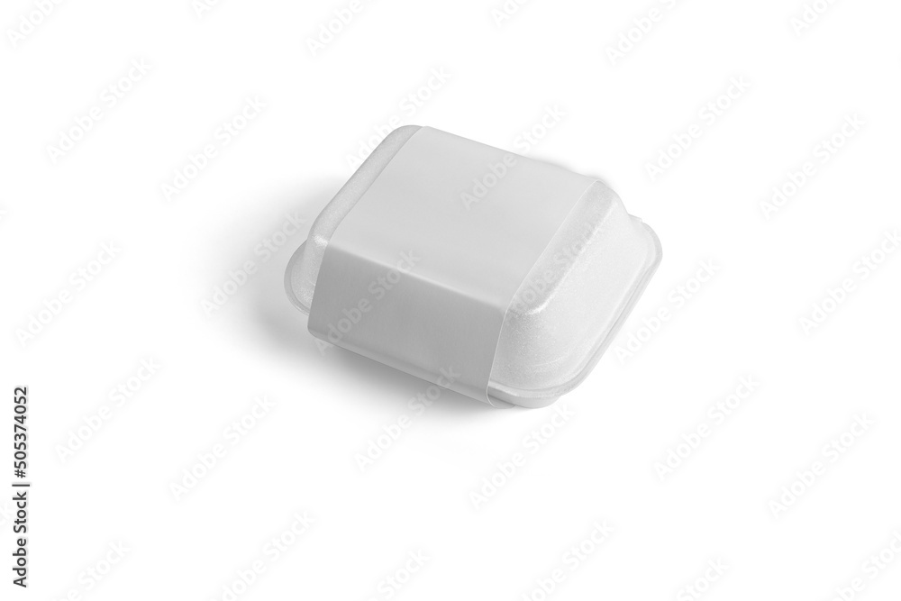 Poster disposable white food box container with white paper label isolated on white background - mock up te