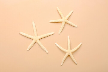 Fototapeta na wymiar Starfish sea on beach beige background. Summer background. Decorative textile . Isolated object.