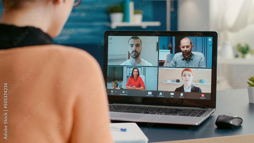 Poster female student attending remote videoconference on webcam, meeting with people in online class to le