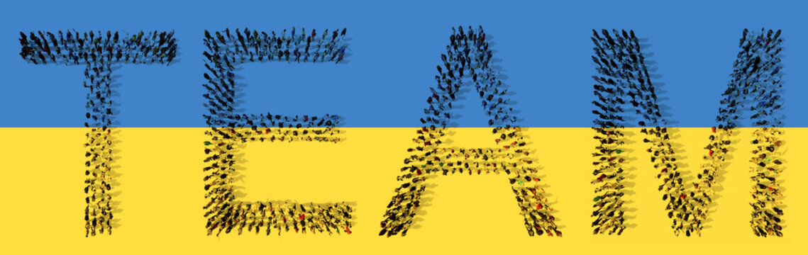 Concept conceptual community of people forming TEAM word  on Ukrainian flag. 3d illustration metaphor for  teamwork, unity, civilians, military,  strategy, international cooperation and community