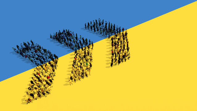Concept or conceptual community of people forming the dangerous turn road sign on Ukrainian flag.  3d illustration metaphor for risk, warning, war, destruction and loss of lives, strategy and help