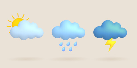 3d cartoon weather icons set. Sun, cloud, rain, lightning, thunder.