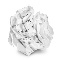 Crumpled sheet of paper with math equations isolated on white