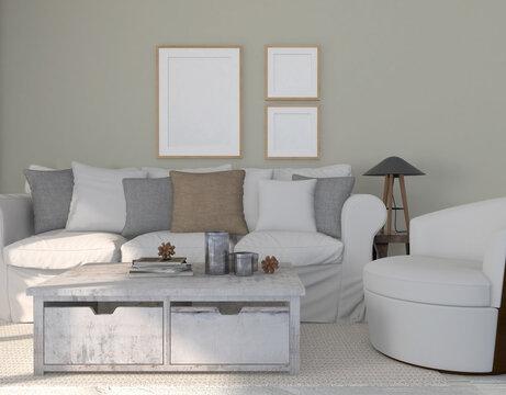 mockup poster, white scandinavian interior with sofa and chairs in a modern style. 3d rendering
