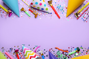 Beautiful flat lay composition with festive items on violet background, space for text. Surprise...