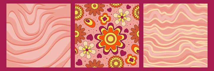 Groovy y2k retro pattern with flower and swirl 70s background. Daisy flower design. Abstract trendy colorful print. Vector illustration graphic. Vintage print. Psychedelic wallpaper.