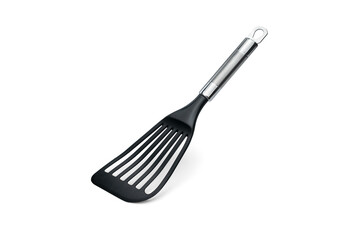 Nonstick Fish Spatula Turner, Thin Slotted Spatula, Wide Nylon Blade Lightweight but Sturdy Kitchen Fish Spatula, Designed for Non-stick Pan, Black at an angle Isolated on White Background with Shadow - obrazy, fototapety, plakaty