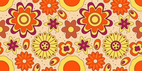 Groovy y2k retro seamless pattern with flower. Retro vector illustration. Groovy flower background. Colorful hippie seamless pattern illustration