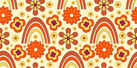 Groovy y2k retro seamless pattern with flower and rainbow. Retro vector illustration. Groovy flower background. Colorful hippie seamless pattern illustration