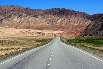 Scenic view of a mountain road in Pamir mountains, Kyrgyzstan