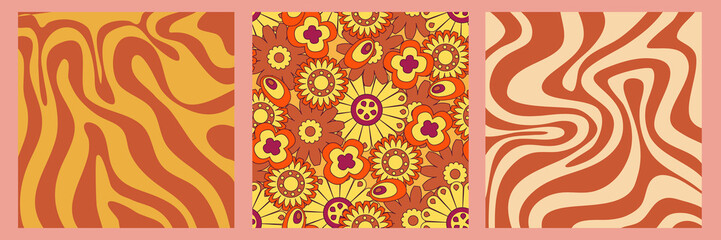 Groovy y2k retro pattern with flower and swirl 70s background. Daisy flower design. Abstract trendy colorful print. Vector illustration graphic. Vintage print. Psychedelic wallpaper.