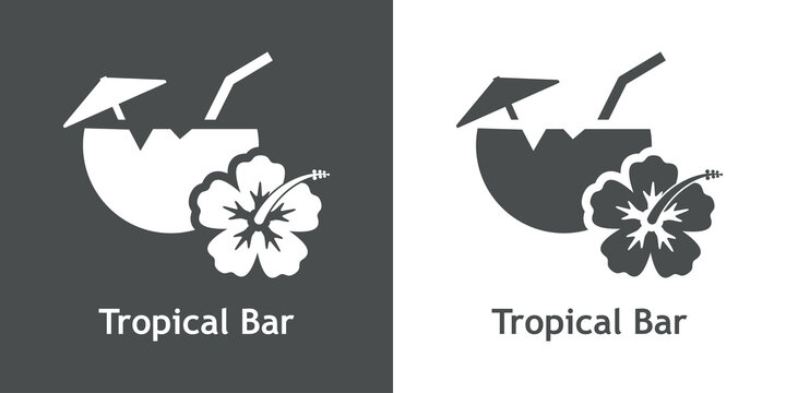 Beach bar. Banner con texto Tropical Bar con silueta de flor de hibisco con bebida de agua de coco en fondo gris y fondo blanco