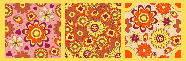 Groovy y2k retro pattern with flower and swirl 70s background. Daisy flower design. Abstract trendy colorful print. Vector illustration graphic. Vintage print. Psychedelic wallpaper.