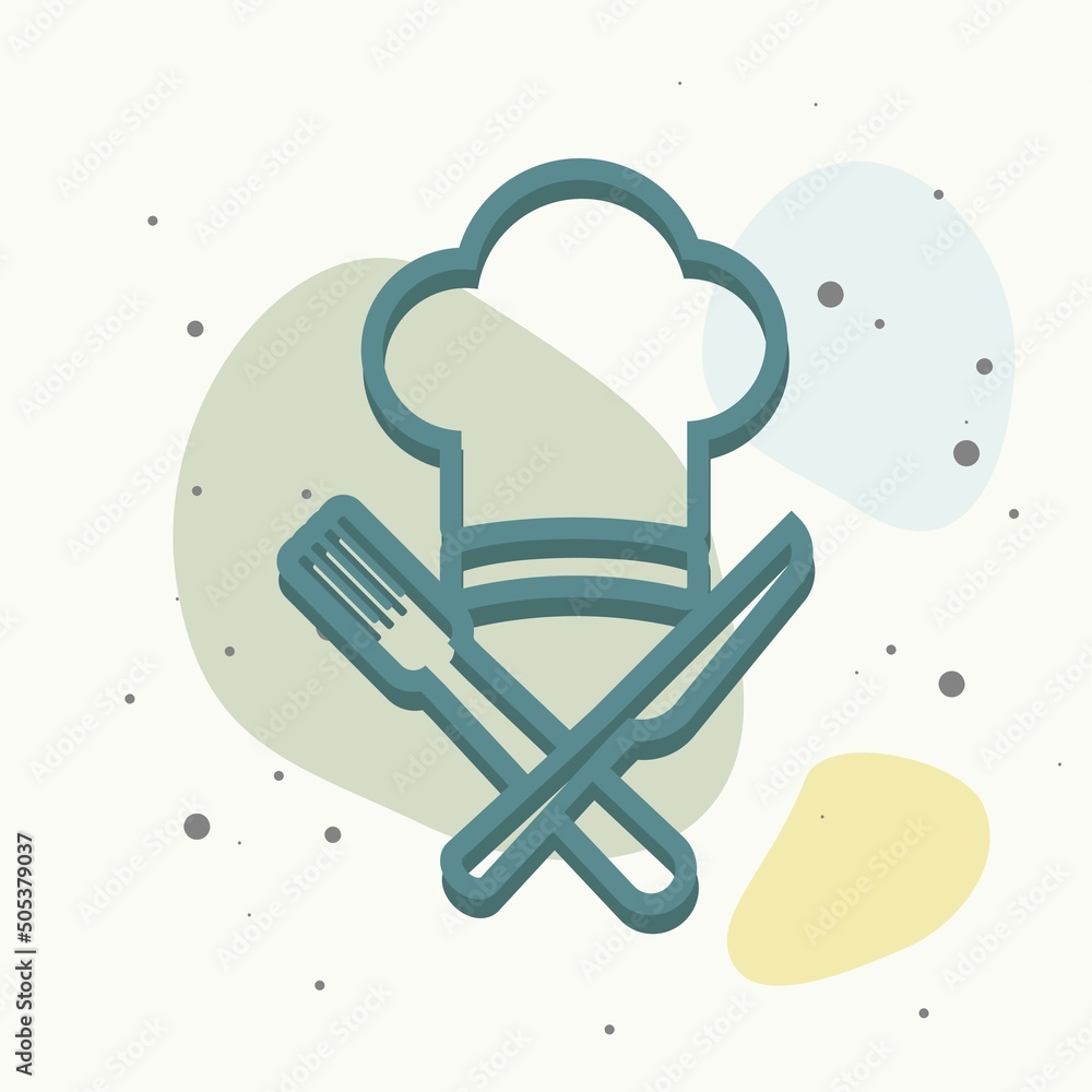 Poster chef hat with cross knife and fork vector icon. cap chef cooking on multicolored background.