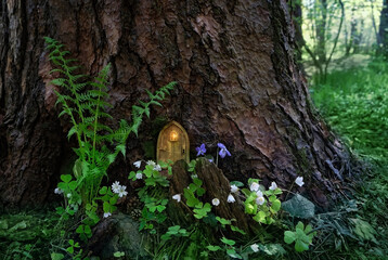 Little wooden fairy door in tree trunk, mystery dark forest natural background. Fairy tale magic tree house in beautiful green woodland, pixie and elf home