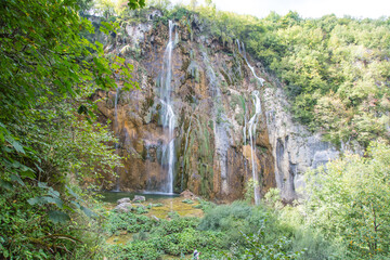 Plitvice Lakes National Park, Croatia, Europe:View to Velilki Slap, the highest waterfall in...