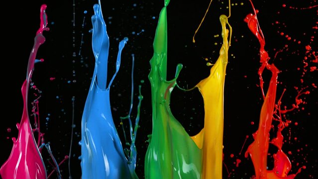 Colorful Paint Splashes in Super Slow Motion Isolated on Black Background, 1000fps.