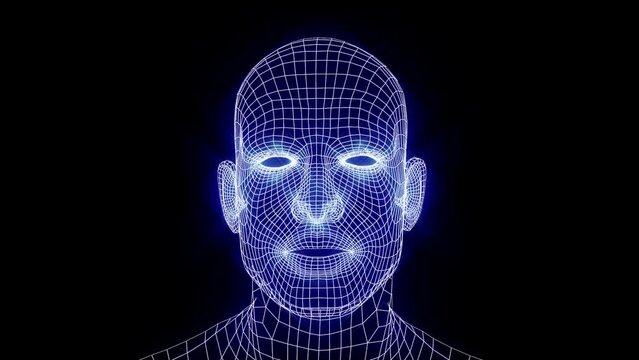 Talking mesh head. Grid head conversation. Animated speaking neon head. Speaking mesh mask.

