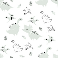 Cute dinosaur vector print for kids design. Vector print with cartoon dinosaur. Cute Dino doodle print for childish decor. Seamless pattern