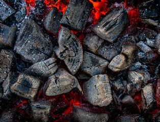 Burning charcoal top view for background. The texture of embers in close-up.