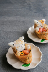 Homemade Japanese cuisine. Cat Shape Sushi. Light meal for weight watcher.