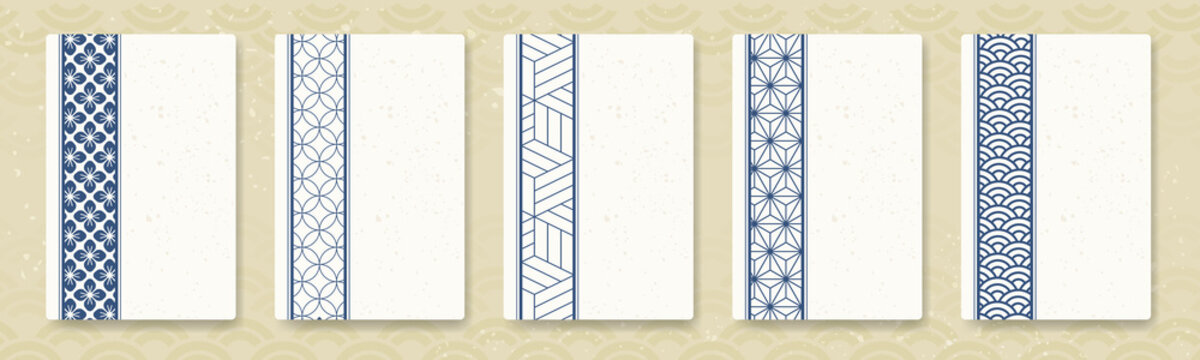和柄をあしらったモダンなカードデザインのテンプレート。青海波や麻の葉模様などの和柄。