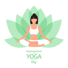 Meditating woman in the lotus pose. International Yoga Day poster or vector banner