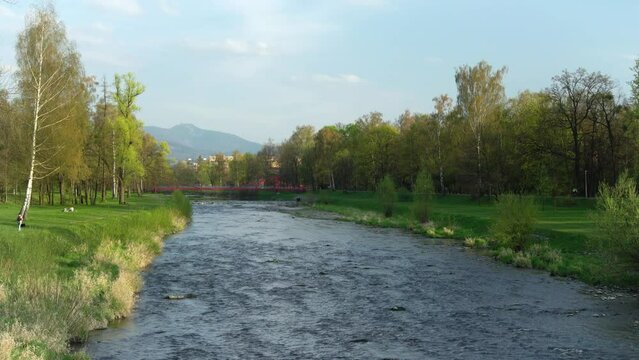 Frydek Mistek and Ostravice River with view of Lysa Hora in the background, Beskydy Mountains, Czech Republic