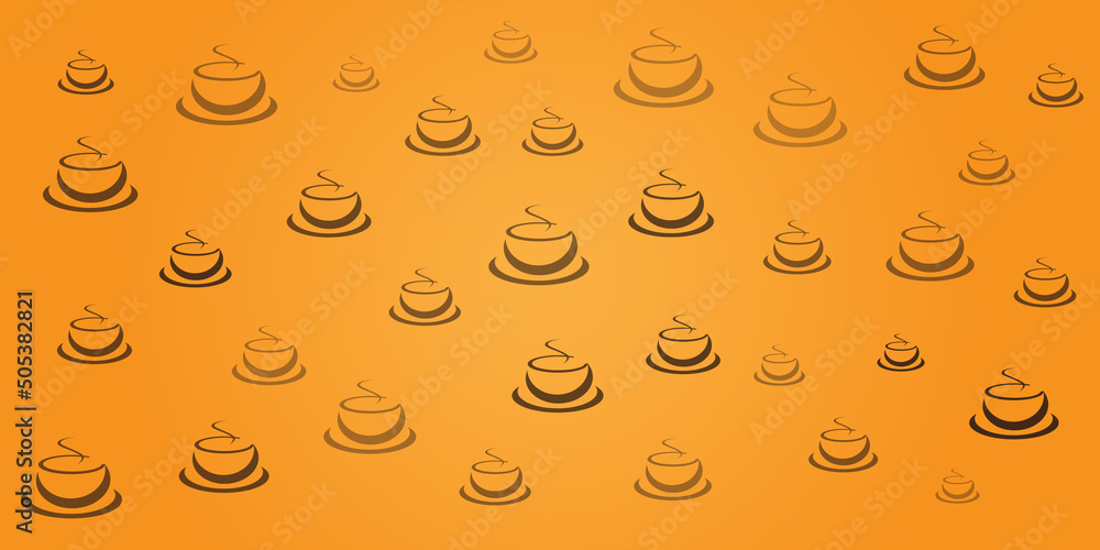 Poster lots of brown coffee cup or soup bowl icons of various sizes - pattern on wide scale orange backgrou