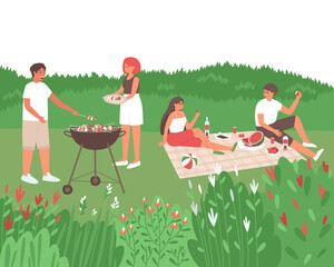 Friends prepare food on a barbecue in nature. A man cooks barbecue for the whole company. People are resting in nature. Flat vector illustration.
