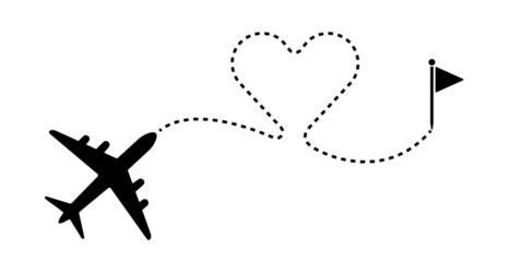 Love to travel concept illustration. Airplane with dotted line, flag, heart vector illustration. Travel, transport concept illustration to use in tourism, summer holiday, business travel projects.
