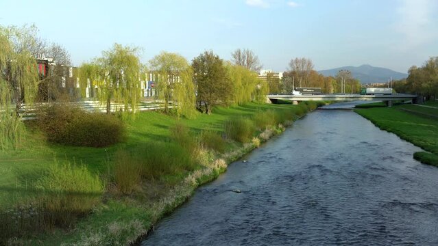 Frydek Mistek and Ostravice River with view of Lysa Hora in the background, Beskydy Mountains, Czech Republic