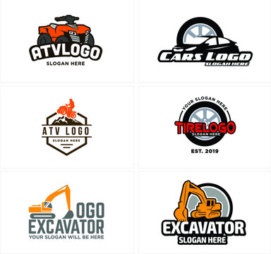 A set of illustration automotive logo emblem line vector with symbol ATV, cars sport and tire, and excavator logo isolated on white background