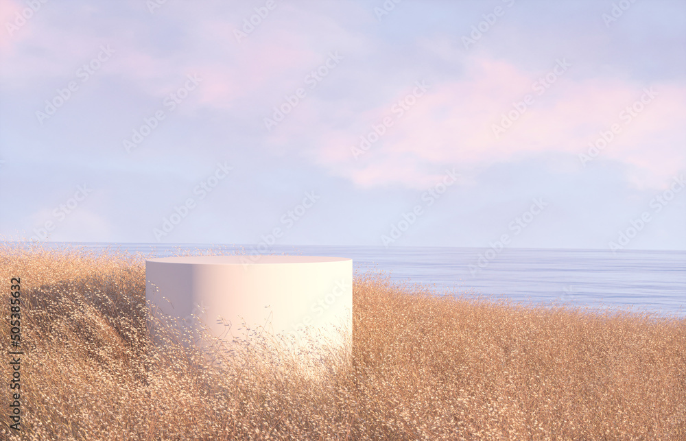 Poster natural summer beach scene with a podium for product display. 3d rendering.