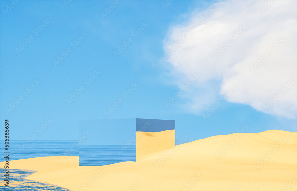 Poster natural summer beach scene with a podium for product display. 3d rendering.