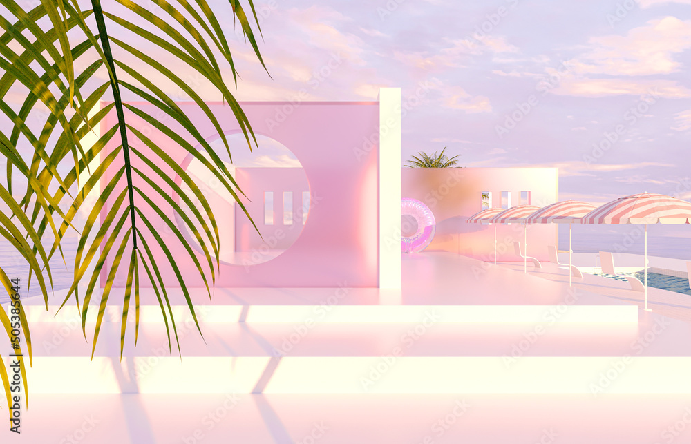 Aufkleber abstract summer beach scene with with geometric form. 3d rendering