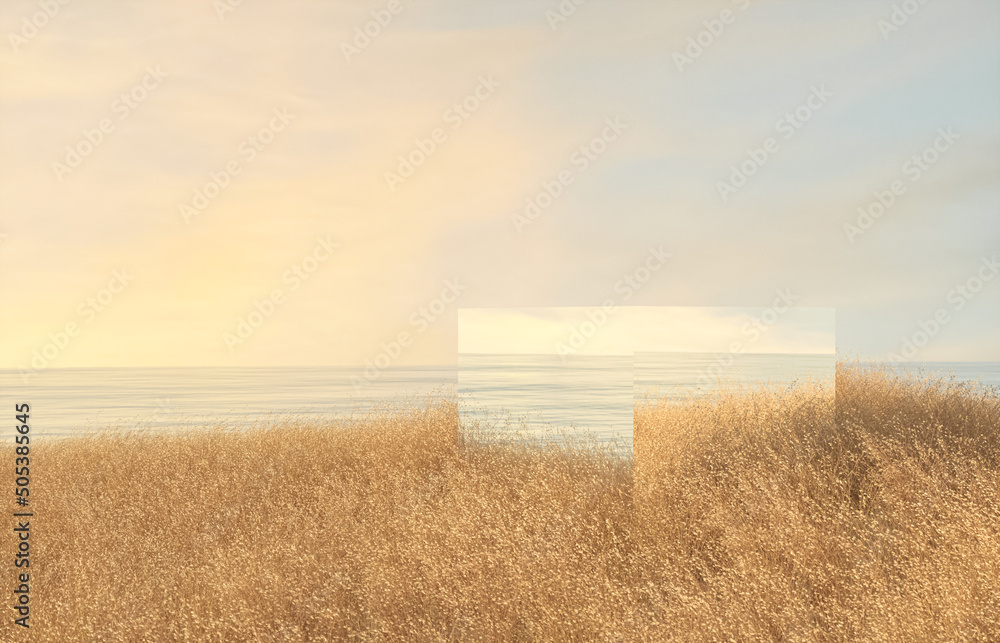 Poster Natural summer beach scene with a podium for product display. 3d rendering.