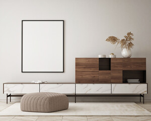 mock up poster frame in modern interior background, living room, Scandinavian style, 3D render, 3D illustration - obrazy, fototapety, plakaty
