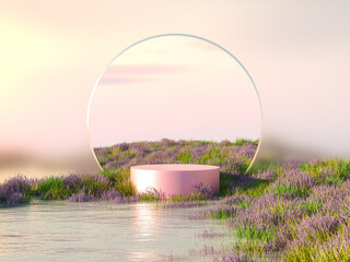 Natural beauty podium backdrop with lavender field. 3d rendering. 