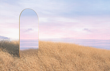Abstract summer beach scene background with mirror reflection. 3d rendering.
