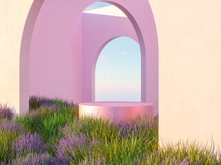 Natürliche Schönheitspodestkulisse mit Lavendelfeld. 3D-Rendering. © mim.girl
