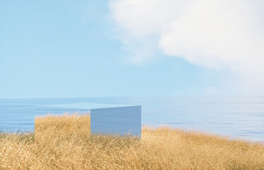 Natural summer beach scene with a podium for product display. 3d rendering.