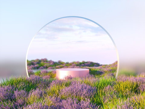 Natural beauty podium backdrop with lavender field. 3d rendering. 