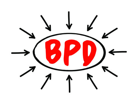 BPD Borderline Personality Disorder - mental health disorder that impacts the way you think and feel about yourself and others, acronym text with arrows