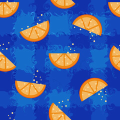Tropical seamless pattern with oranges. Repeating fruit design on blue background. Vector print for fabric or wallpaper.
