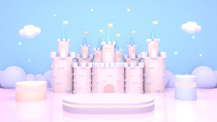 3d rendered cartoon castle with product display podiums.