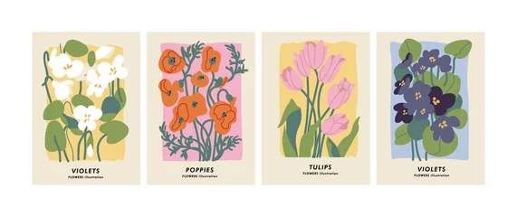 Foto op Plexiglas Vector illustration set of botanical posters different flowers. Art for for postcards, wall art, banner, background. © oxygen_8