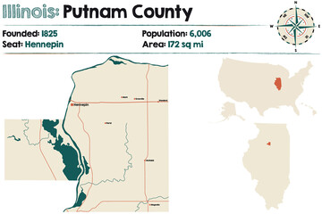 Large and detailed map of Putnam county in Illinois, USA.